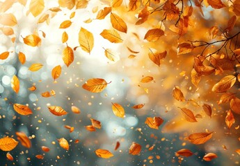 Wall Mural - Golden autumn leaves falling gracefully from tree branches with sunlight filtering through creating a glowing atmosphere Generative AI