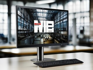 Poster - A modern computer monitor displaying a graphic design in an industrial workspace.