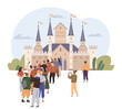© robu_s - People standing in line to enter a large medieval castle with towers and flags. Ideal for travel content, historical themes, family outings, tourism guides, and educational materials. Flat design