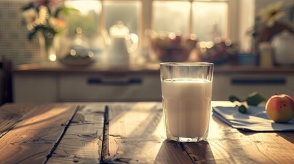 Poster - A glass filled with fresh milk is placed on a wooden table in a sunlit kitchen, evoking a warm and inviting atmosphere. Generative AI
