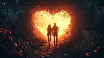 Wall Mural - silhouette of a couple standing in front of a heart shaped light in the forest.