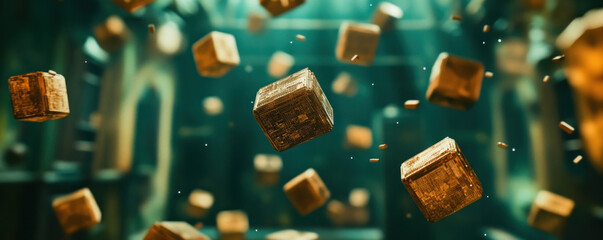 Sticker - A dynamic scene of floating wooden cubes in a mystical, illuminated environment.