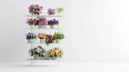 Poster - Minimalistic metal flower rack with blooming flowers in pastel colors, isolated on a clean white backdrop.