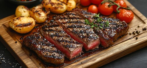 Poster - Grilled steak with potatoes and cherry tomatoes on wooden board.