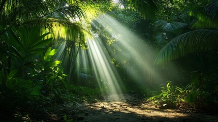 Wall Mural - sun rays filtering through lush foliage in a tropical jungle, illuminating a path leading deeper int