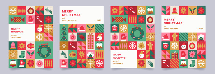 set of merry christmas and happy new year geometric minimalist card. xmas backgrounds. modern patter