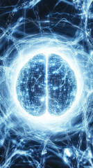 Poster - A glowing, abstract representation of a brain surrounded by luminous energy.