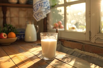 Aufkleber - Sunlight streams into a cozy kitchen as a clear glass of fresh milk rests on a wooden table surrounded by colorful fruits. Generative AI