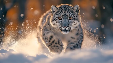 Wall Mural - A majestic snow leopard running through the snow with its piercing orange eyes.