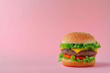 Classic cheeseburger on pastel background, hamburger. Abstract fast food, cheese burger, minimalist junk food concept. Traditional street fast food, menu template, copy space