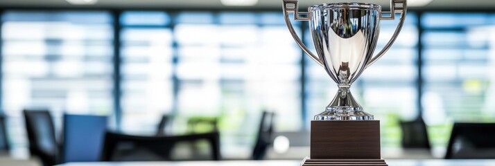 Poster - A shiny trophy displayed on a wooden base in a modern office setting.