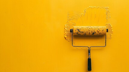 Poster - A paint roller, coated in bold yellow paint, rolls over a fresh, smooth wall, showcasing a renovation in progress. Generative AI