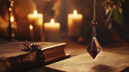 crystal pendulum swinging , altar with an ancient book and lit candles, , emphasizing the connection to the mystical