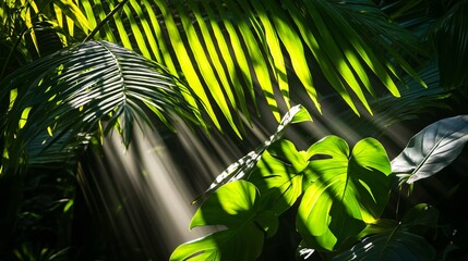 Wall Mural - sunbeams breaking through lush green foliage, casting light and shadow on large leaves in a tropical