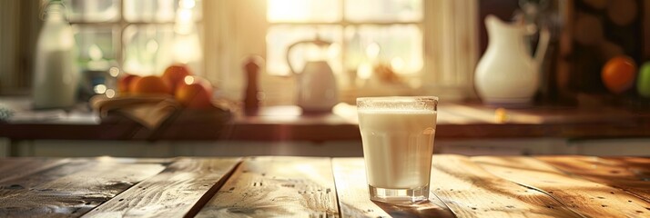 Poster - Warm sunlight streams into a cozy kitchen, illuminating a glass of fresh milk on a rustic table surrounded by fruits and utensils. Generative AI