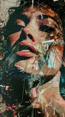 Poster - Abstract Collage Portrait of a Woman with Layered Textures and Glitch Effects