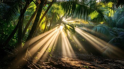 Wall Mural - sunbeams filtering through lush palm trees in a tropical forest.