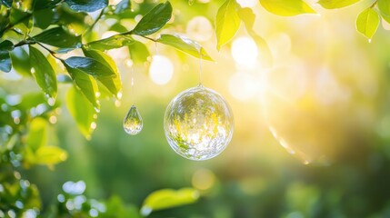 Wall Mural - Transparent globe made of water drops floating over green leaf background, sunlight illuminating.