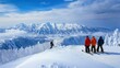 © Nuttaya Nampai - Snowboarders looking over the expansive Tokachidake mountain range from the heights of Furano ski resort, enjoying a clear, sunny day in Japanaes winter wonderland.
