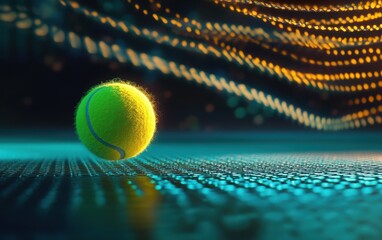 Abstract 3D depiction of a tennis ball in freeze motion, shooting across a vibrant futuristic court. Ideal for championship game advertising, sports promotions