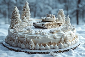 Unique Birthday Cake with Tank in Snowy Landscape