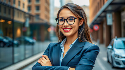 Successful business woman looking confident and smiling. Attractive outdoor portrait of business lady. Beautiful young businesswoman looking at camera, smile while standing crossed arms. AI generated