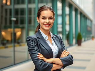 Successful business woman looking confident and smiling. Attractive outdoor portrait of business lady. Beautiful young businesswoman looking at camera, smile while standing crossed arms. AI generated