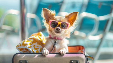 Wall Mural - Happy stylish Chihuahua dog puppy on a trip in suitcase