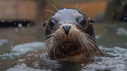 Wall Mural - A close-up portrait of a curious sea lion with large, dark eyes, looking directly at the camera with its head and whiskers above the water.
