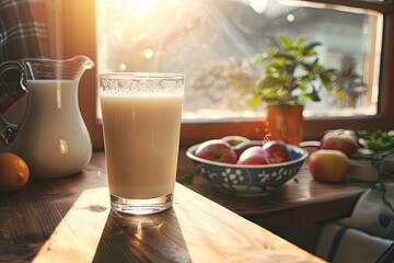 Aufkleber - Sunlight streams through a window, highlighting a glass of milk on a wooden table next to a bowl of apples and a vibrant green plant. Generative AI