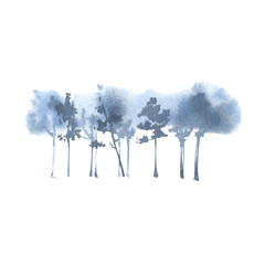 Winter trees. Watercolor illustration in monochrome blue. Abstract silhouettes of deciduous trees in fog. Clipart for design of postcards, packaging, labels. Winter landscape