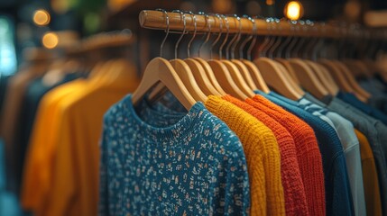 A rack of clothes with a variety of colors and patterns