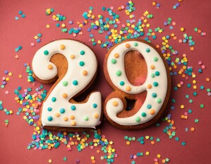 Decorated cookie, number 29, image for birthday or anniversary celebration