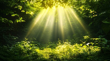 Wall Mural - sunbeams piercing through the canopy of a dense forest, illuminating the forest floor with a golden 