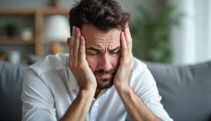 Worried businessman holding his head, feeling stressed and overwhelmed