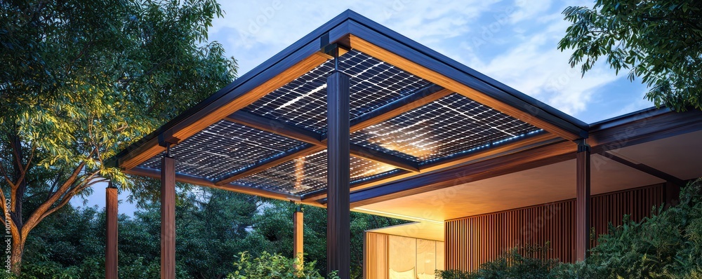 Picture of Energy-efficient pergola roof with solar panels for an eco-friendly ...
