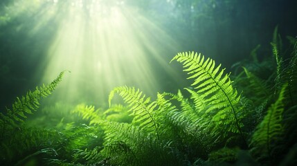 Wall Mural - sunbeams shining through lush green ferns in a misty forest.