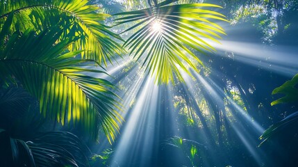 Wall Mural - sunbeams through lush palm leaves in a tropical forest.