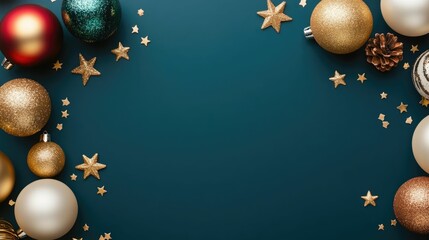 Twinkling golden New Year flat lay with festive baubles  fairy lights  and stars on dark navy background  and holiday decor concept with deep depth of field and copy space