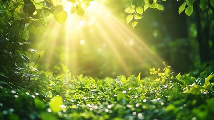 Wall Mural - sunlight beams through lush green foliage creating a dreamy and magical atmosphere.