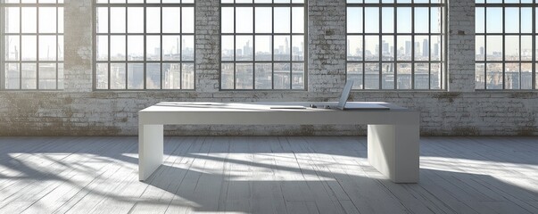 Canvas Print - A modern workspace with a sleek desk and laptop, showcasing a city skyline through large windows.