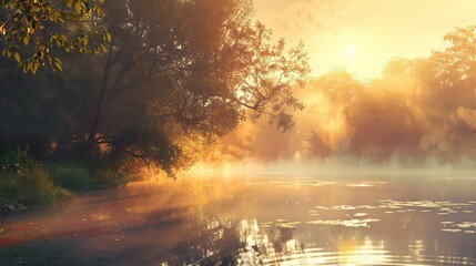 Poster - Misty Morning Sunrise Over River - Tranquil Landscape Photography