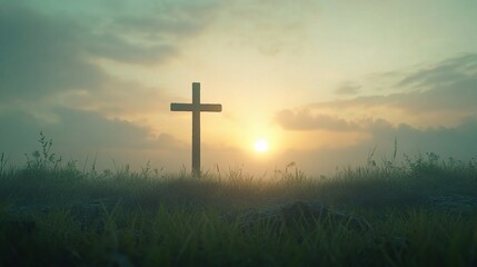 Sticker - Serene Sunrise with Cross Silhouette in Mist