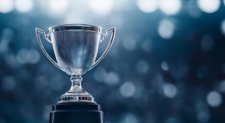 Silver trophy against a bokeh background with blurred light. Sports award concept. For poster, banner and sport celebration. Trophy illuminated by red and blue lights symbol of victory and achievement