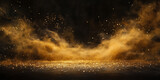 Golden dust and sand on the black background, scattered gold dust, sand effect with glitters and sequins. Wallpaper and banner.