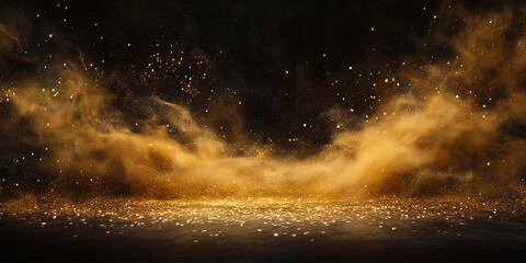 golden dust and sand on the black background, scattered gold dust, sand effect with glitters and seq