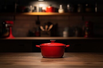 Wall Mural - Product photography with a kitchen setting as a backdrop - wooden table top with blurred kitchenware in the background