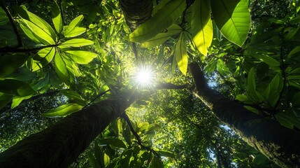 Wall Mural - sunlight shining through lush green leaves of trees in a dense forest, creating a breathtaking natur