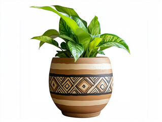 decorative pot with geometric pattern holds vibrant green foliage, adding touch of nature and style to any space. earthy tones of pot complement lush leaves beautifully. 