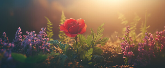 Single red rose in natural setting with sunlight and surrounding plants. Memorial and remembrance concept. Design for greeting cards and poster